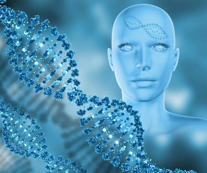 3D medical background with female head and DNA strands