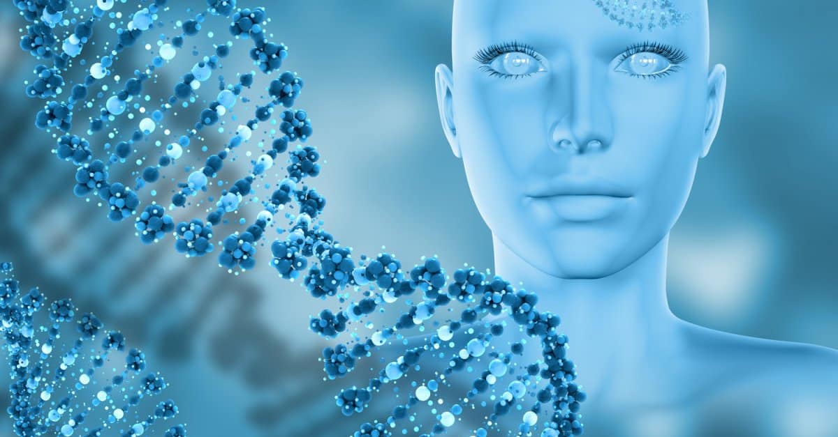 3D medical background with female head and DNA strands