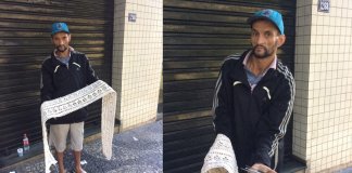 Com agulhas fabricadas por ele mesmo morador de rua em BH faz trocô e crochê