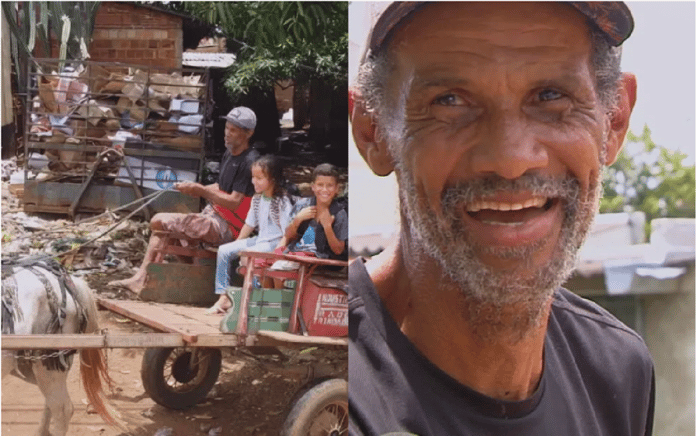 Luiz percorre 3 km de carroça para levar os filhos para a escola
